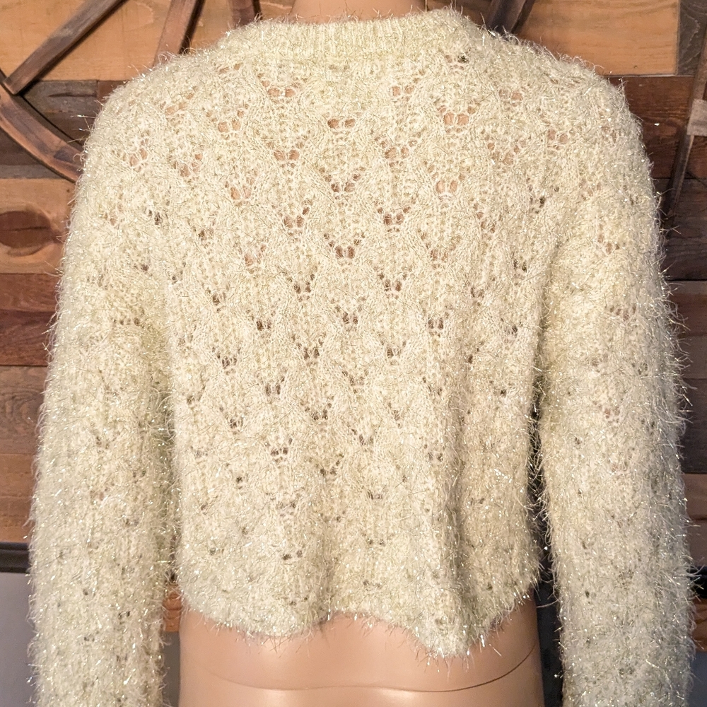 Zara Pale Green w/ Yellow & Black Metallic Threads Cropped Sweater - Picture 5 of 13